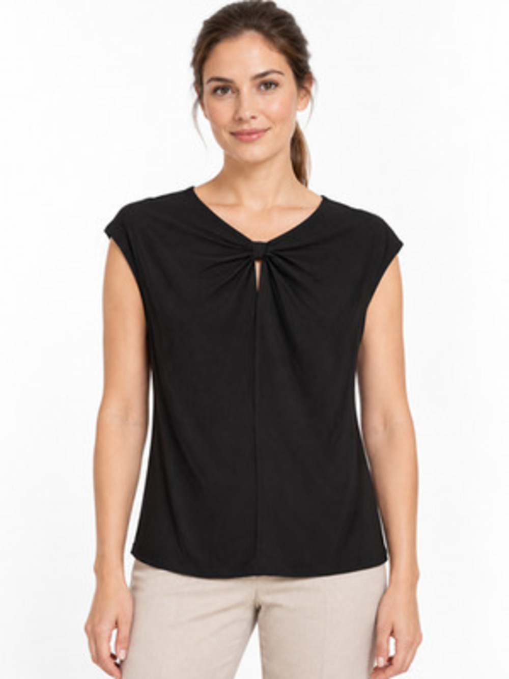 Kasper Black Gathered Neck Cap Sleeve Pullover Blouse Size XS